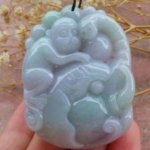Certified Myanmar Burma Natural A Jade jadeite Elephant Monkey Pendant Necklace